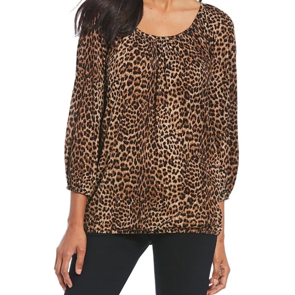 MICHAEL Michael Kors Persian Leopard Print Knit Jersey Peasant Top 3/4” …